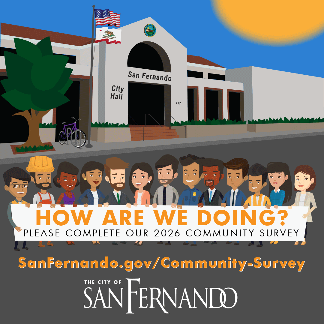 2026 Community Survey; how are we doing? please take our 2026 Community Survey; graphic of City Hall with group of employees holding banner