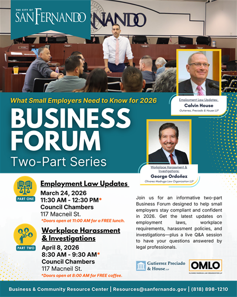 Business Forum Flyer; photo of Council Chambers with speaker and meeting participants; meeting information