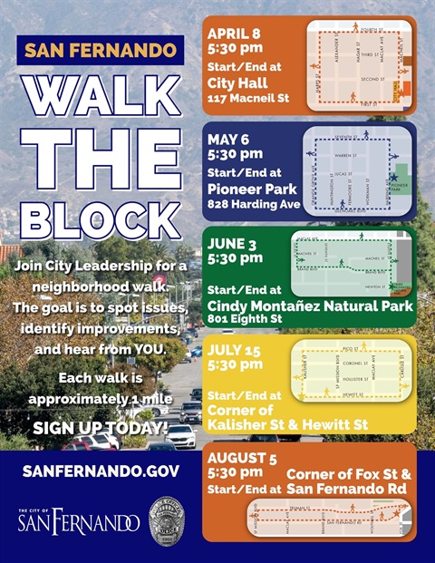 San Fernando Walk the Block Flyer; background is photo of Maclay Ave looking towards mountains; individual route maps