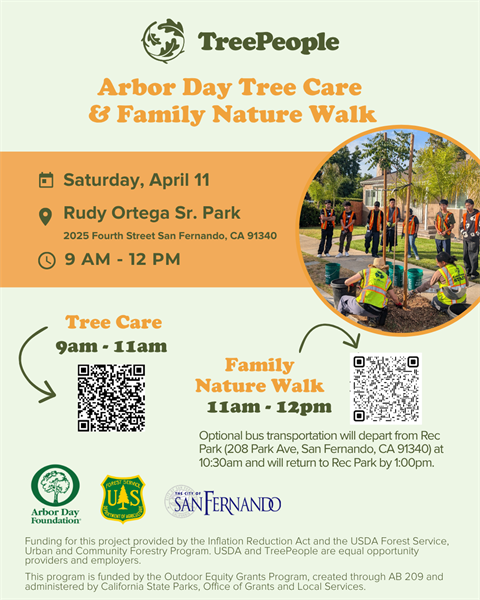 TreePeople Arbor Day Tree Care and Family Nature Walk flyer; photo of tree planting and onlookers