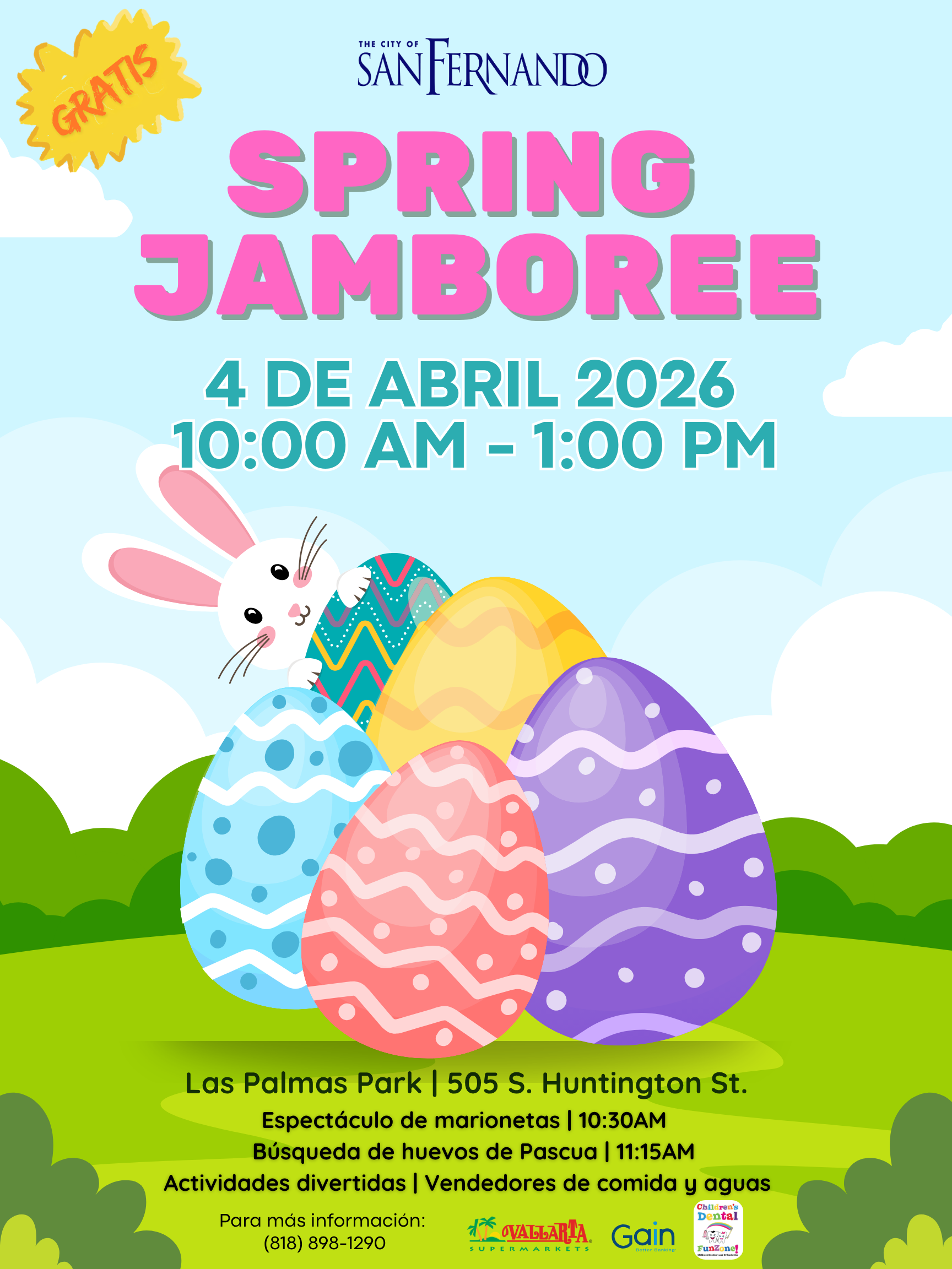 Spring Jamboree flyer; City of San Fernando logo; graphic of easter eggs with Easter bunny peaking out in the background