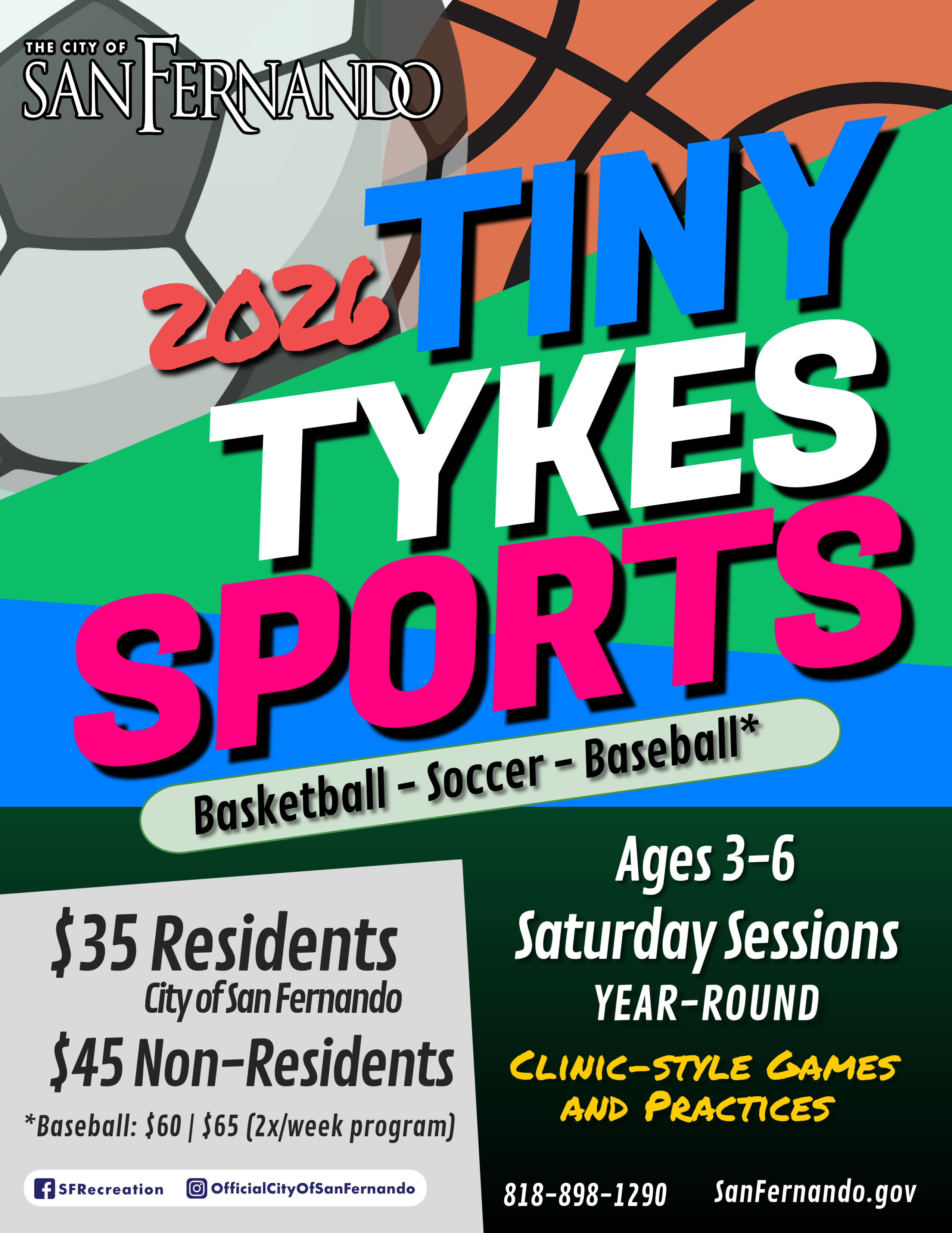 Tiny Tykes Sports 2026; basketball, soccer, baseball; graphic with sports balls