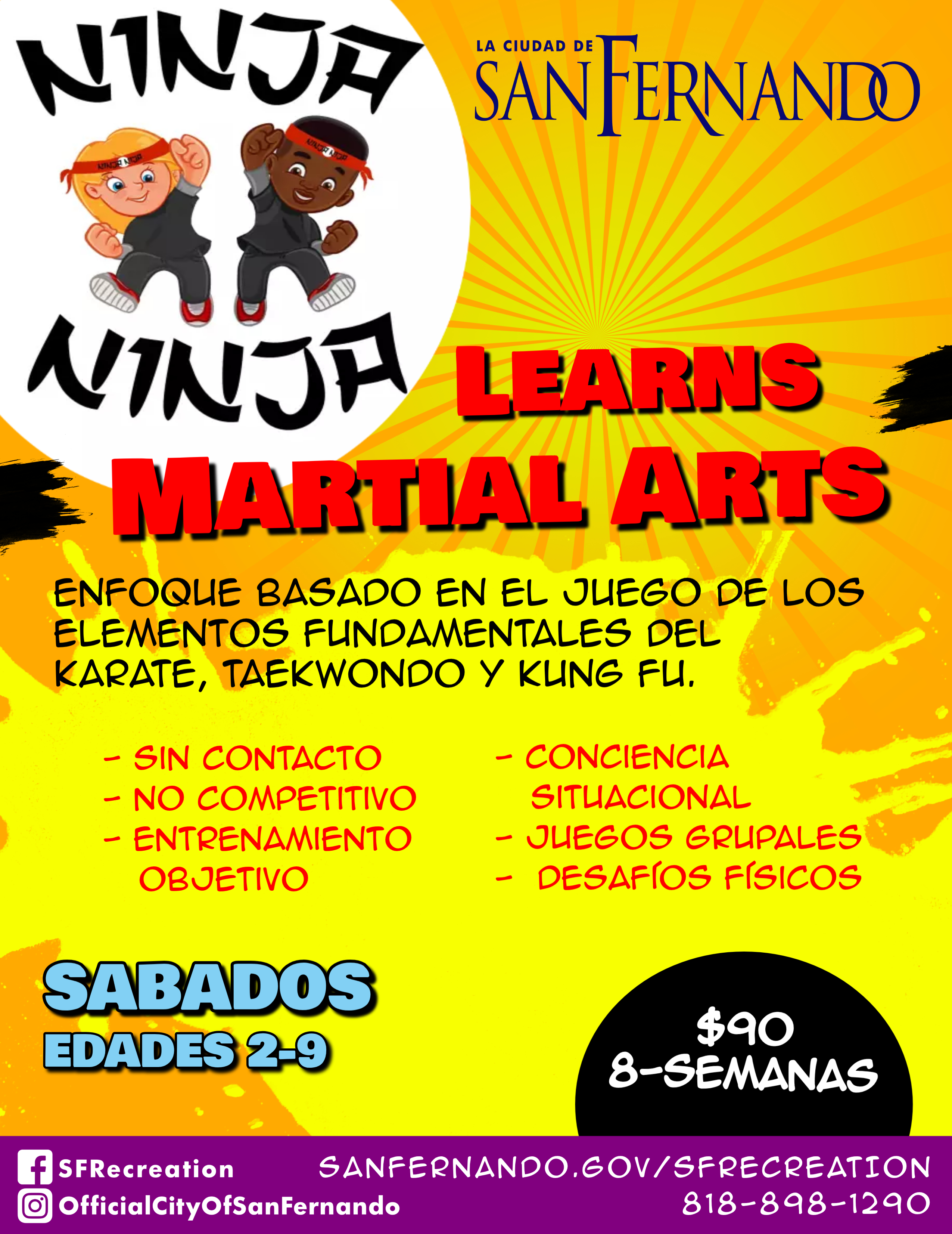 Ninja Ninja Learns flyer; graphic of children practicing martial arts