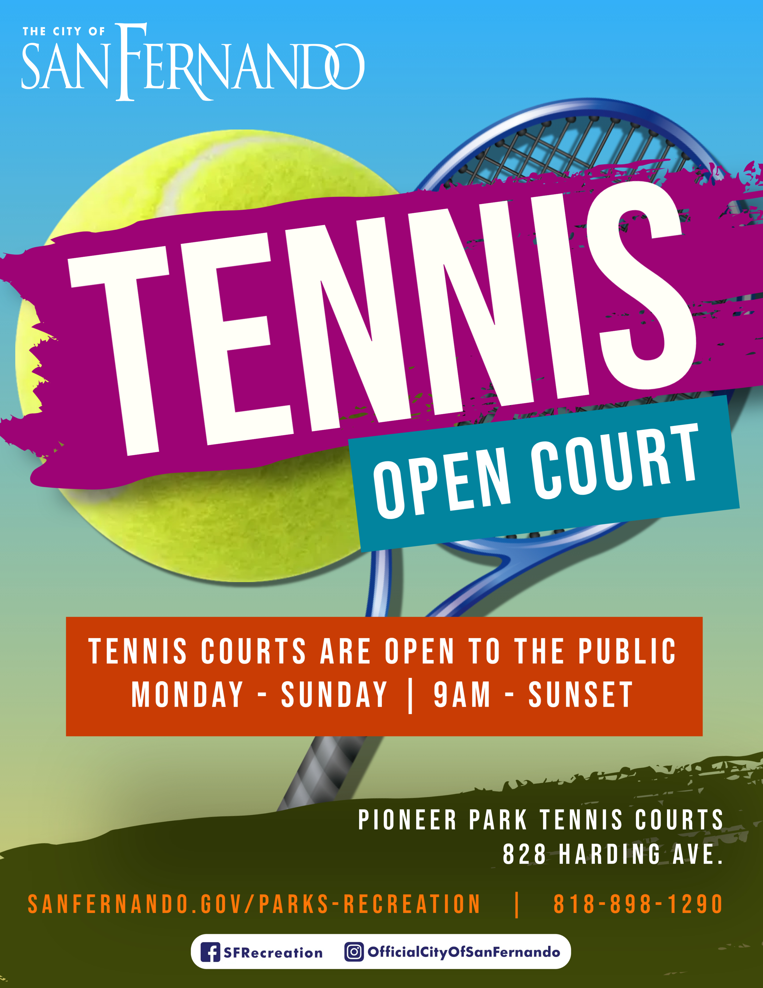Tennis Open Court flyer; tennis courts are open to the public Monday - Sunday, 9 am to Sunset; graphic of a tennis ball and racket in the background