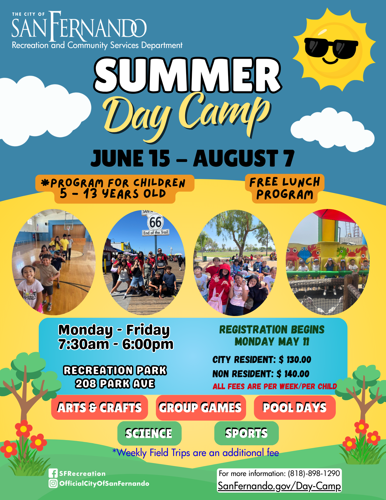 Summer Day Camp Flyer; June 15 - August 7; graphic of sun with sunglasses and blue sky with clouds