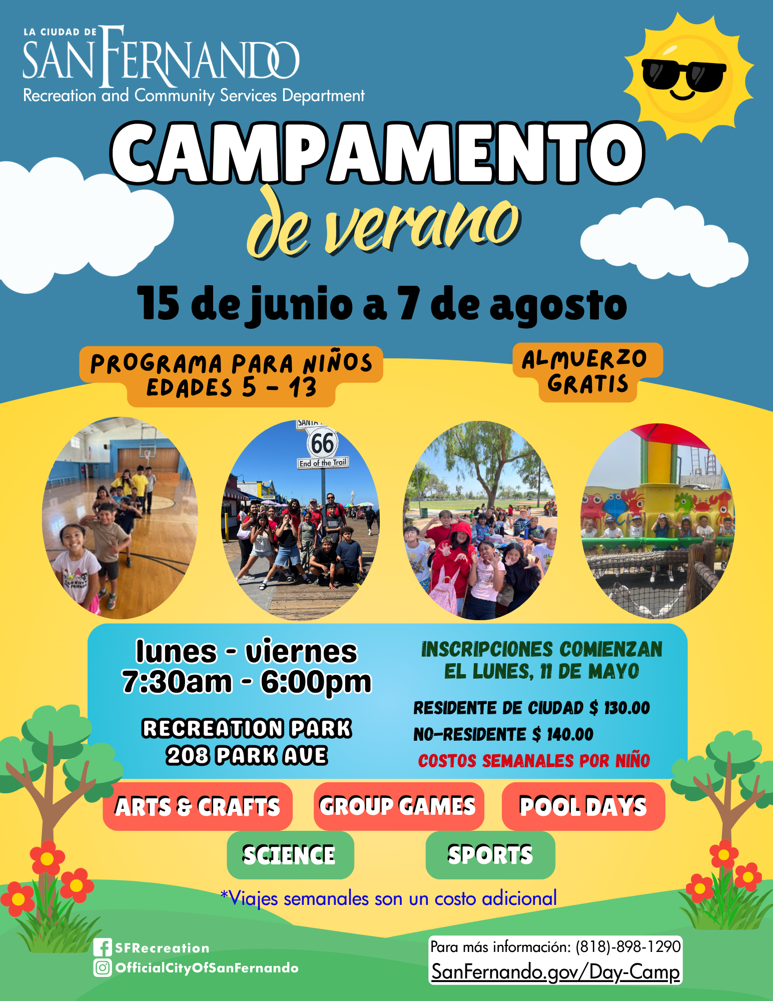 Summer Day Camp Flyer; June 15 - August 7; graphic of sun with sunglasses and blue sky with clouds