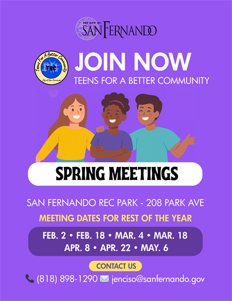 TBC Spring meeting dates flyer; graphic of teens with list of meeting dates