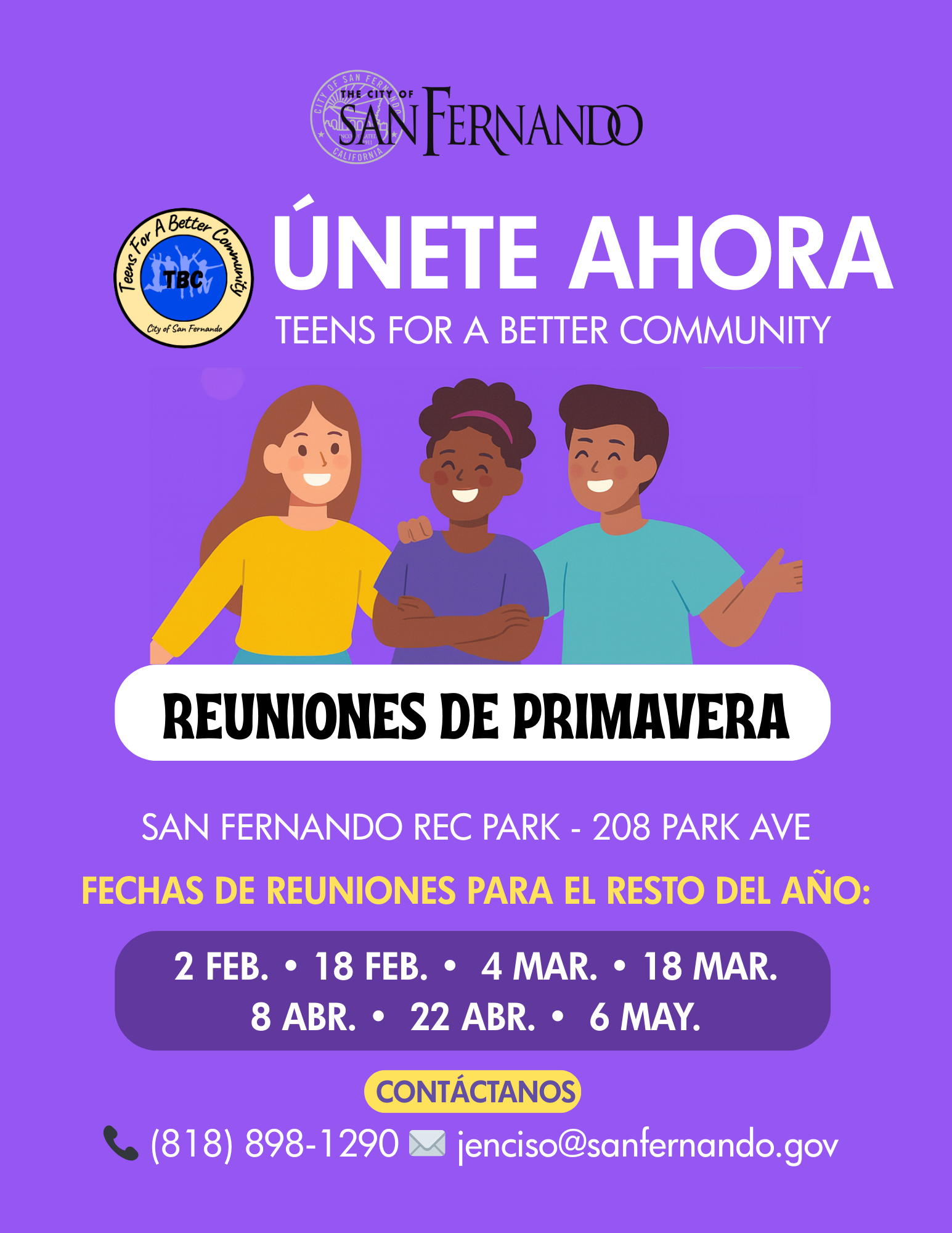 TBC Spring meeting dates flyer; graphic of teens with list of meeting dates