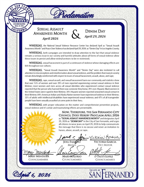 Sexual Assault Awareness Month and Denim Day Proclamation; City of San Fernando seal; Councilmember Signatures