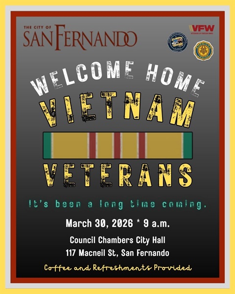 Welcome-Home-Vietnam-Veterans, City of San Fernando and other partner agency logos, military ribbon logo