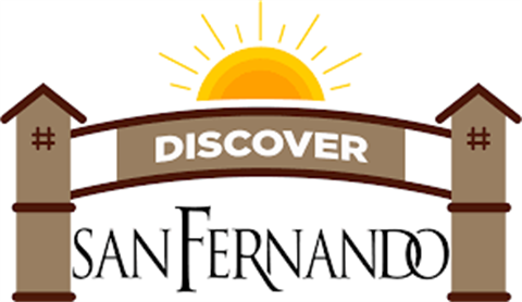 Discover San Fernando logo. A sign saying discover with san Fernando underneath and a sun on top. 